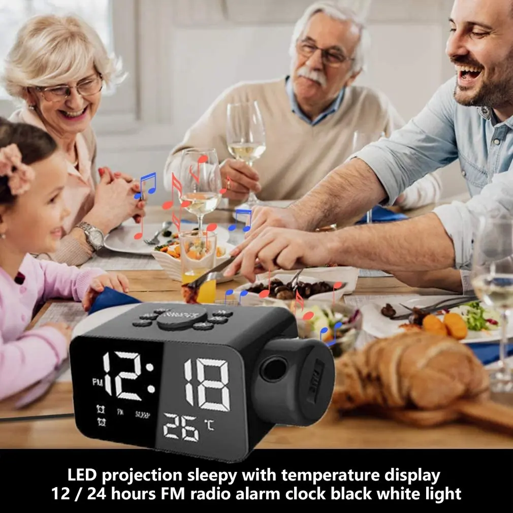

Multifunction LED Projection Clock Large Snooze Button With Temperature Display 12/24 Hours FM Radio Home Alarm Clock