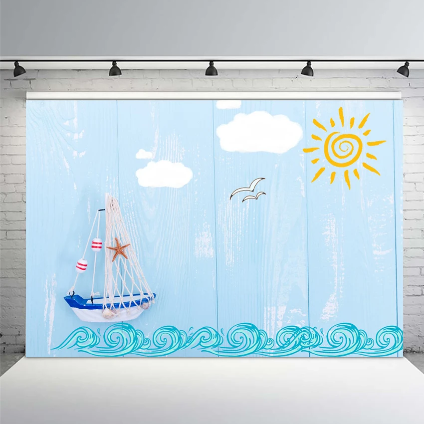 

Blue Wood Planks Ship Boat Sea Baby Drawing Pattern Party Photo Background Photocall Photography Backdrop Photo Studio