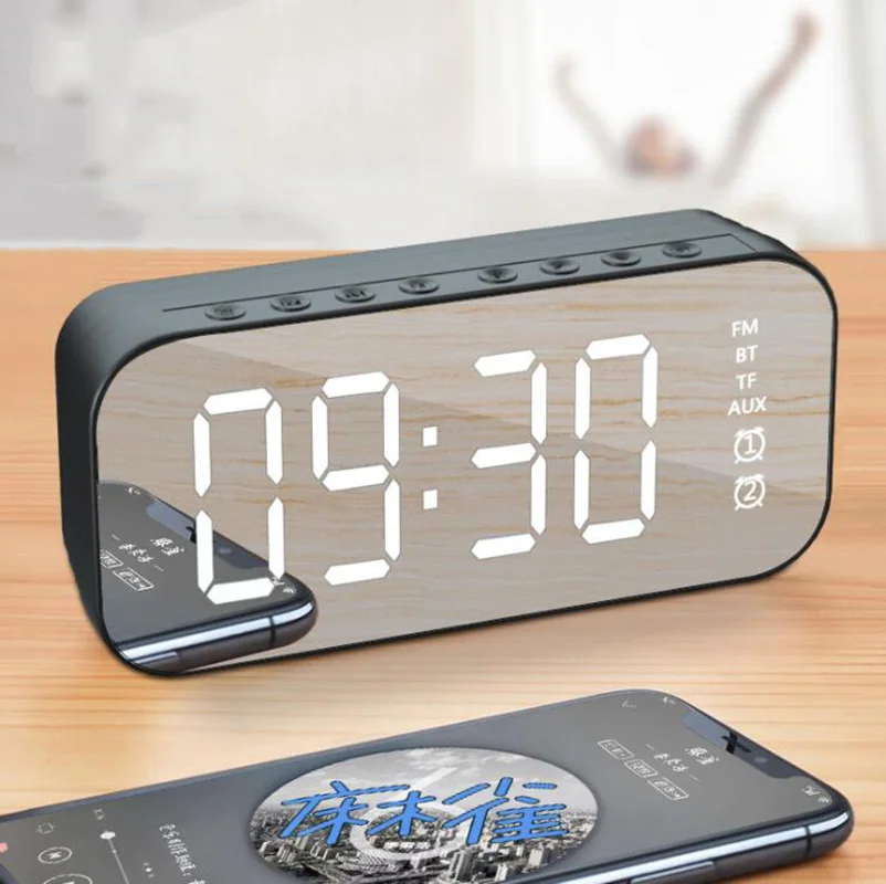 

Wireless Bluetooth Speaker LED Mirror Digital Alarm Clock Table Clock Calendar Snooze Function with USB Home Decoration Clock