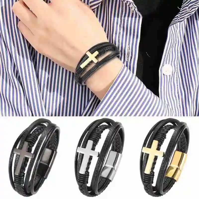 Крест мужской браслет классический Стиль мульти Слои стальная конструкция