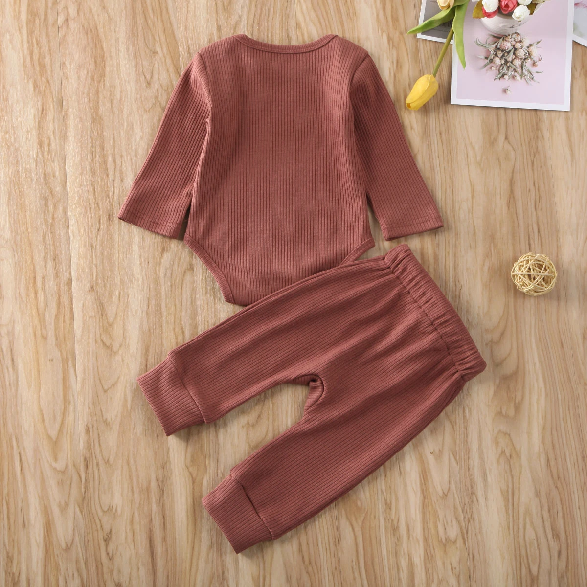 2020 Baby Spring Autumn Clothing 2pcs Newborn Boy Girl Clothes Long Sleeve Romper Tops+Long Pants Ribbed Solid Outfit Set | Детская