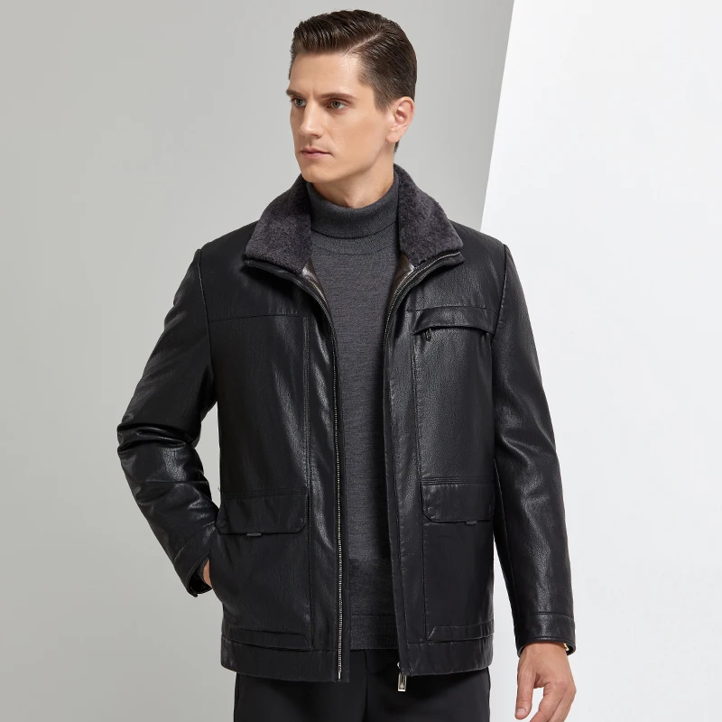 

New 2020 Men's Jacket Coat Fashion Winter Leather Down Jacket Men Casual Leather Winter Jackets Men Short Fur Jacket Detachable