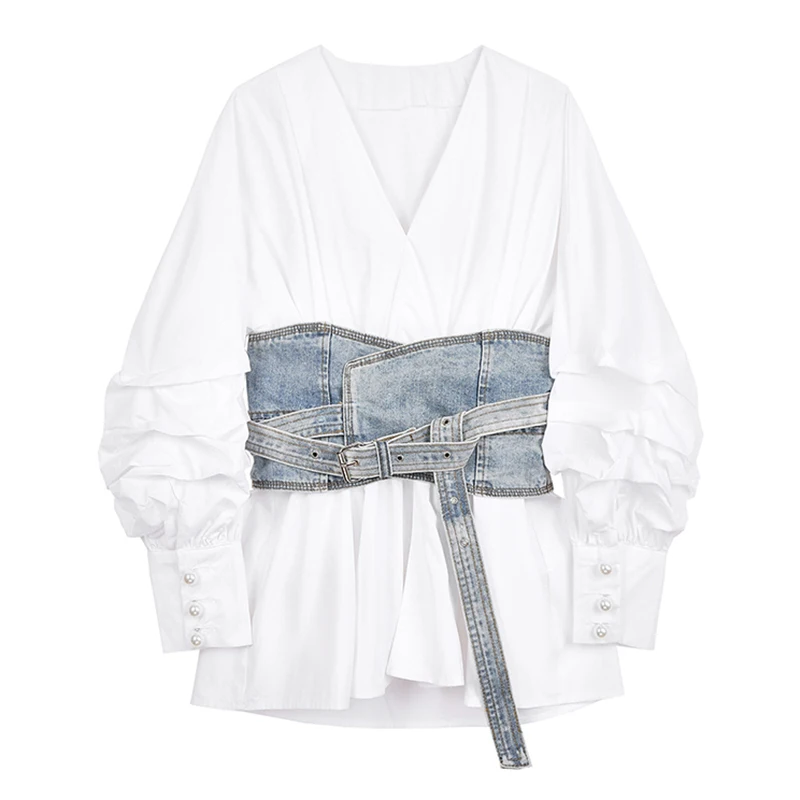 

New 2022 ins Women White Denim Split Temperament Blouse New Lapel Long Lantern Sleeve Loose Fit Shirt Fashion Spring Autumn