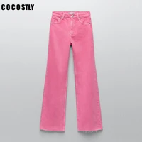 new 2021 za women vintage blue pink denim trousers casual solid pockets high waist straight jeans pants ladies mujer