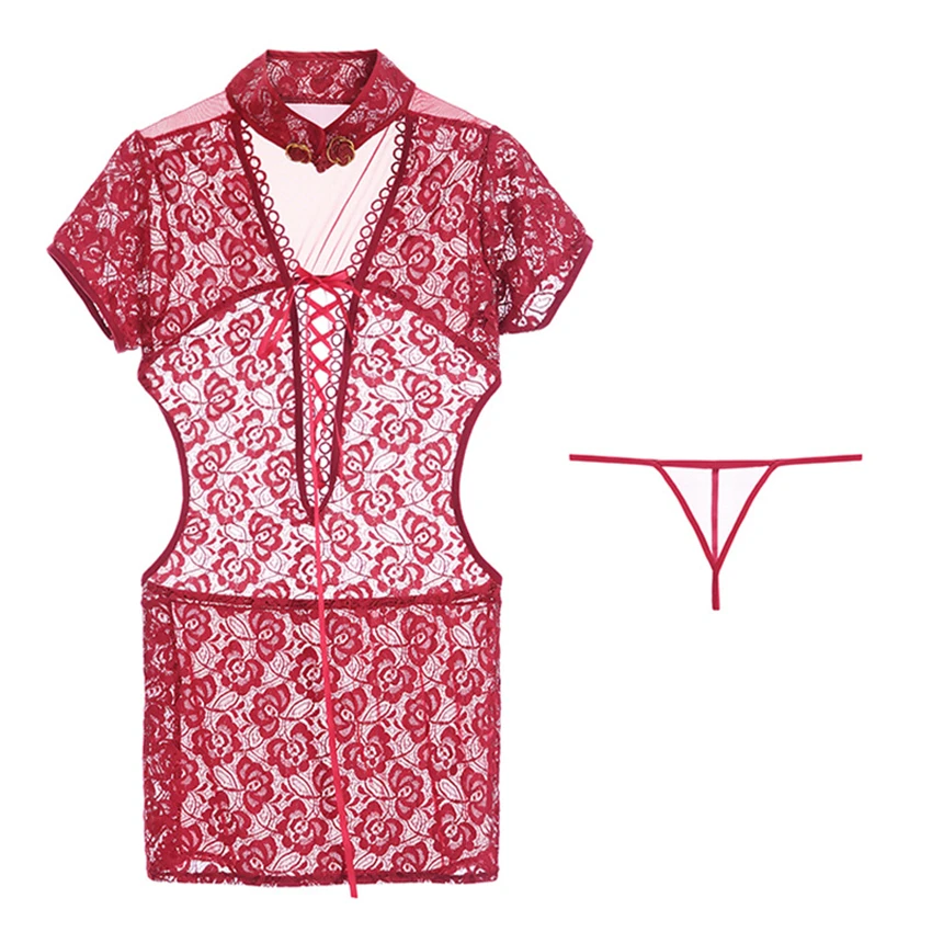 

Women Cheongsam Dress Backless Bodysuit Sexy Bandage Chinese Tradition Dresses Hollow Out Babydoll Sexy Hot Erotic Lingerie Set
