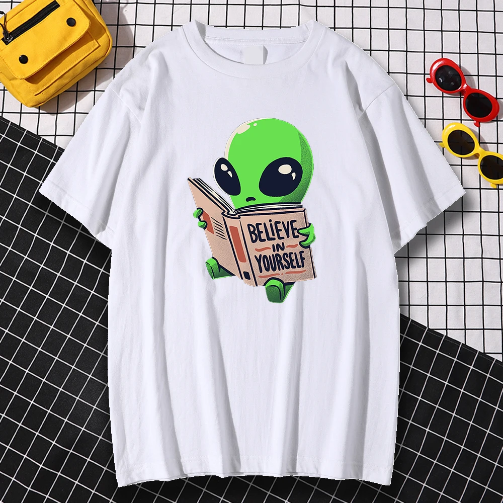 

Men T Shirt For Man Green Alien Prints Believe In Yourself Streetwear Breathable Hot Sale Tee Clothes Hip Hop Casual