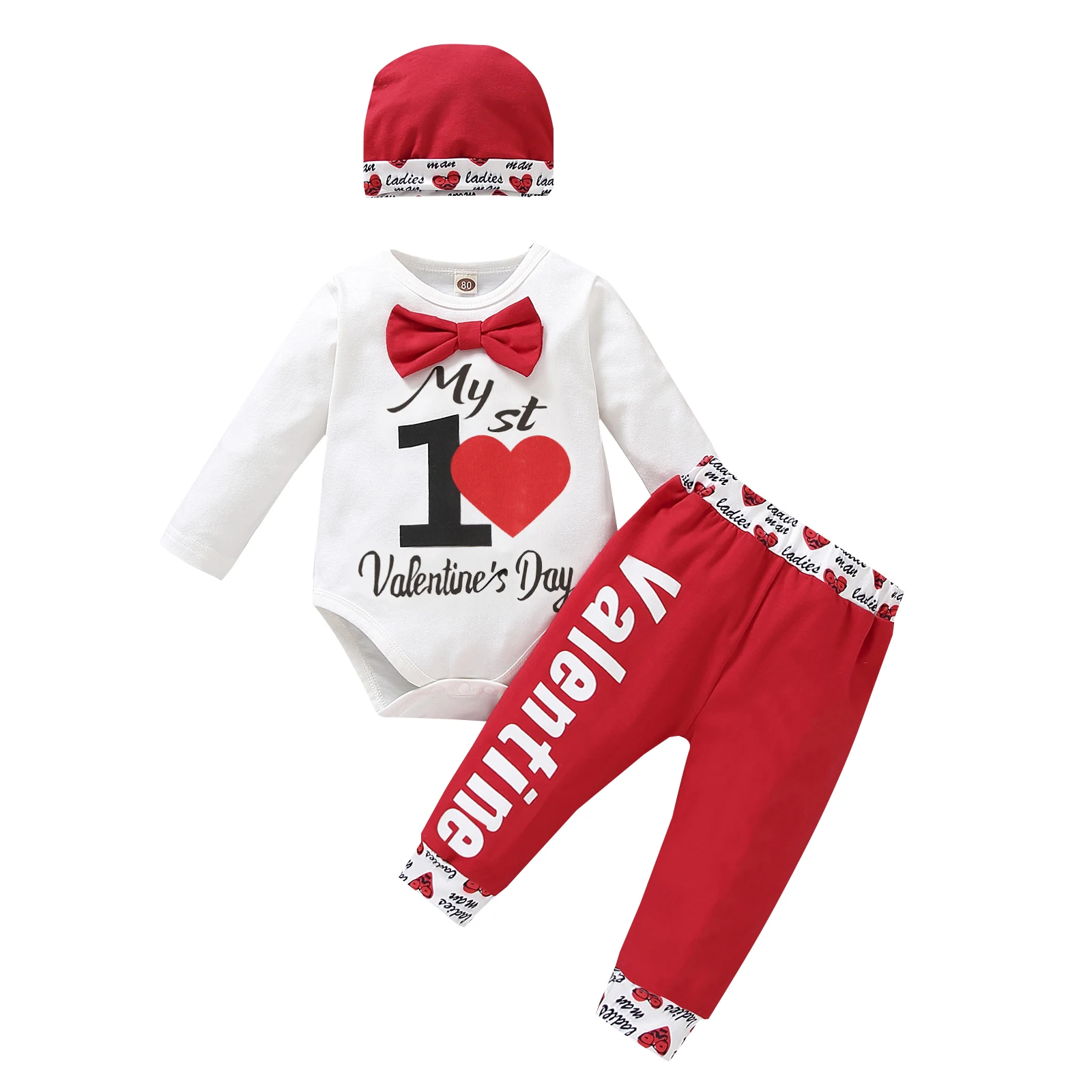 

3Pcs Baby Valentines Outfits Letter Print Long Sleeves Romper + Heart Print Pants + Hat Set for Infant Boys Girls 0-12 Months