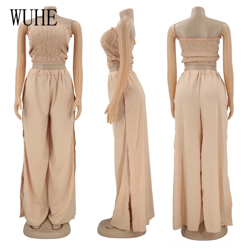 

WUHE Solid Women Two 2 Piece Outfits Set Pleated Strapless Tops and High Split Long Skirts Summer Casual Beach Matching Set