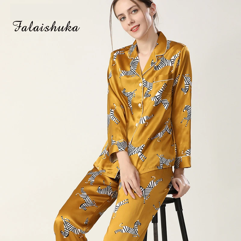 

Women's Pajamas Sets 100% Silk Mulberry Real Silk Satin Long-sleeved Printing 19 Mumi 2pcs Sleepwear Home Clothes Suit Pyjamas