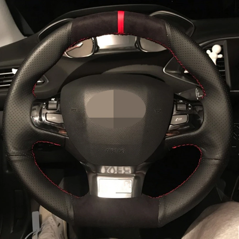 

Hand-stitched Black Genuine Leather Suede Car Steering Wheel Cover For Peugeot 308 2014 2015 2016 2017
