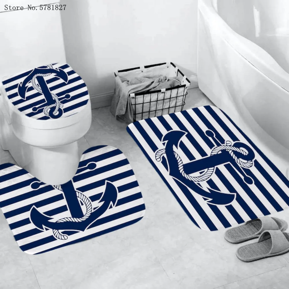 34 pieces blue anchor shower curtains sets euro nautical carpet pedestal rug lid toilet cover bath mat sea marine bathroom sets free global shipping