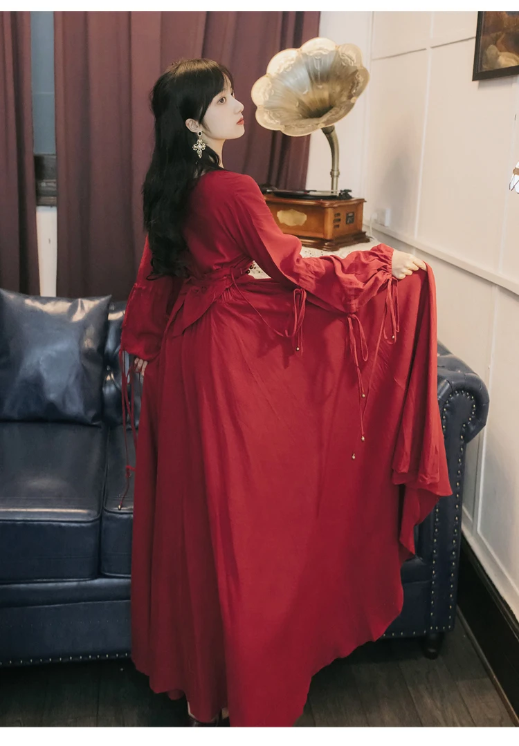YOSIMI Maxi Chiffon Red Long Women Dress Bohemian V-neck Lantern Sleeve Full Sleeve Ankle-lenght Female Dress with Sashes