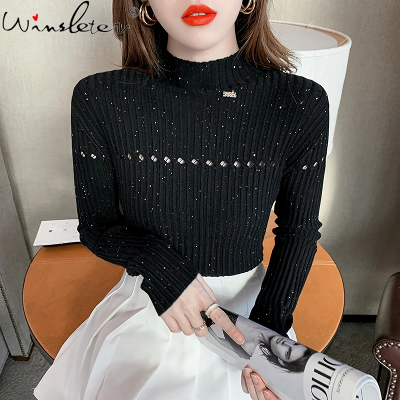 

Fall Winter Korean Clothes Sweater Women Mock Neck Patchwork Shiny Sexy Hollow Out Knitwear Jumper Tops Woman 2021 New T19629A