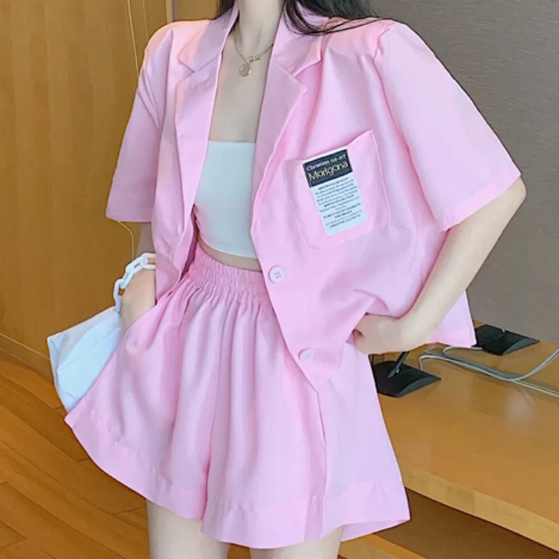 

Suit Shorts Suit 2021 Summer New Fashion Casual 2 Piece Sets Outfits Women's Thin Blazer Suits + High Waist Shorts