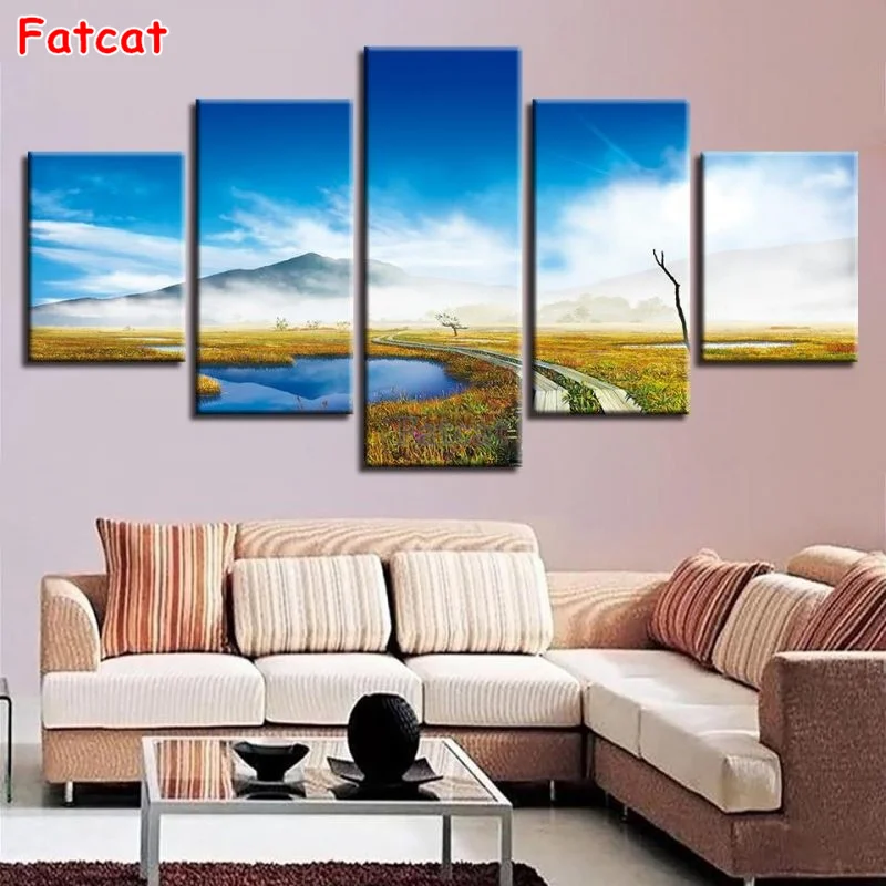 

5D Diamond Painting 5 Panels Modern Art Natural Scenic Road, Mountain Embroidery Square and Round Diamond Painting Mosaic PP1933