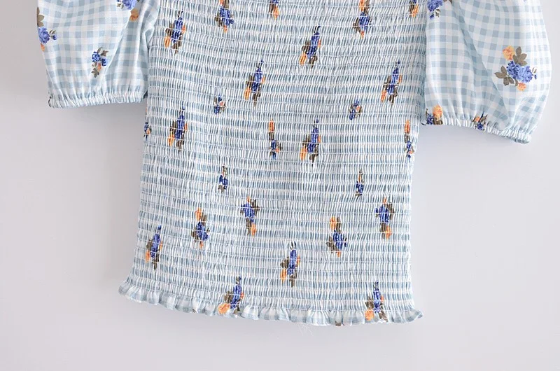 

2021 Summer Women harajuku Square Collar Cropped Shirt France Style Retro Elastic Ruched Floral Plaid Print Slim Fit Blouse Tops
