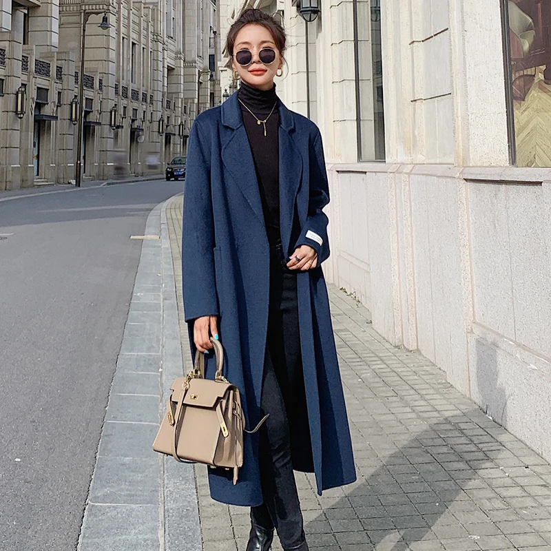 

Double-Faced Wool Coat Women Mid-Length 2021 Autumn Winter Korean Style Loose Lace Up Woolen Coat Female Slim Winter Coat