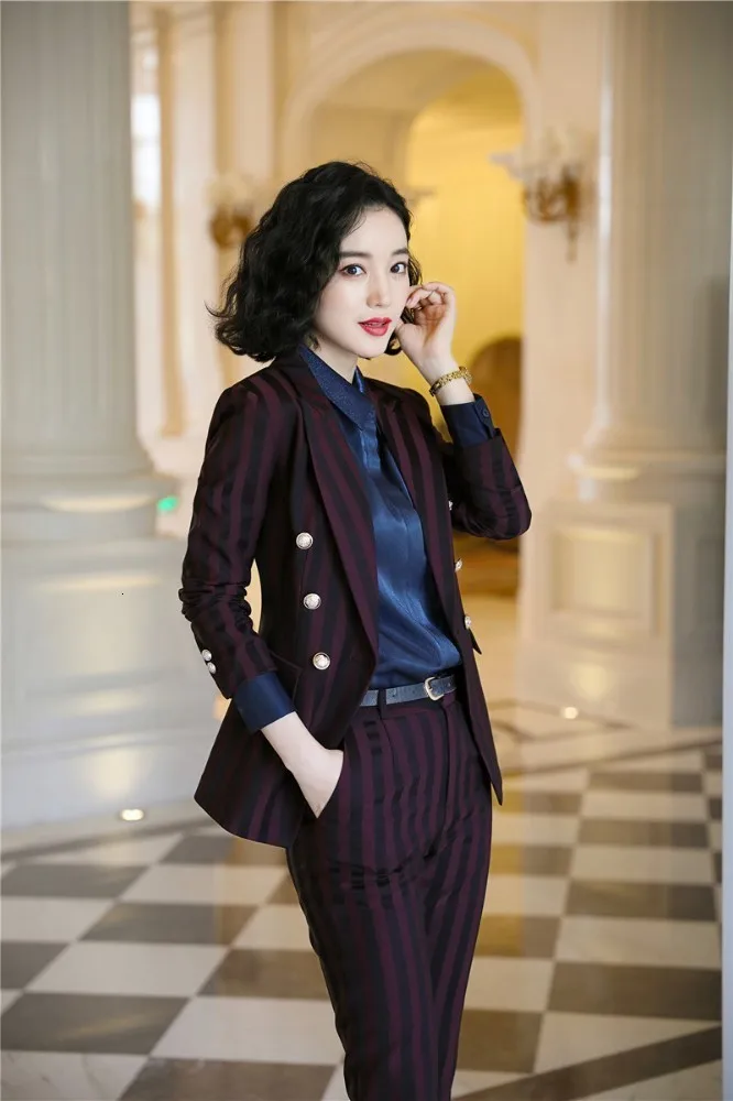 High Quality Fabric Novelty Wine Striped Women Business Suits with Pants and Blazer Coat Autumn Winter Professional Pantsuits