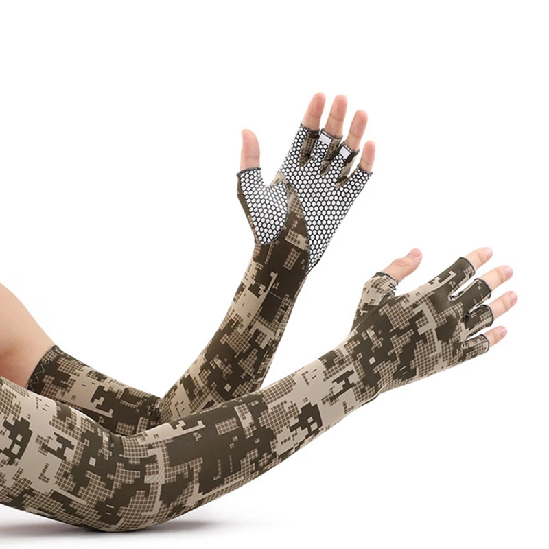 

2021 Spring Summer Long Sleeves for Men Camouflage Sunscreen Quick Dry Cycling Driving Anti-skid Half Finger Arm Ice Silk Gloves