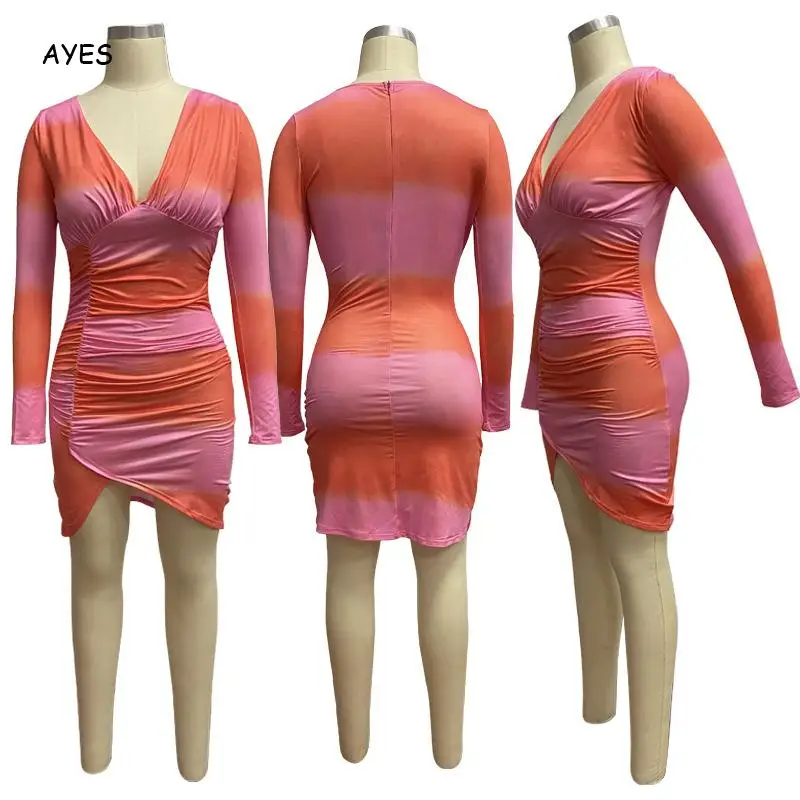 

Sexy Women Bodycon Pencil Dress Skinny Long Sleeve Slim Fit Dresses Deep V Sexy Vestidos Clubwear Sheath Tie Dye Dress 2020 Club
