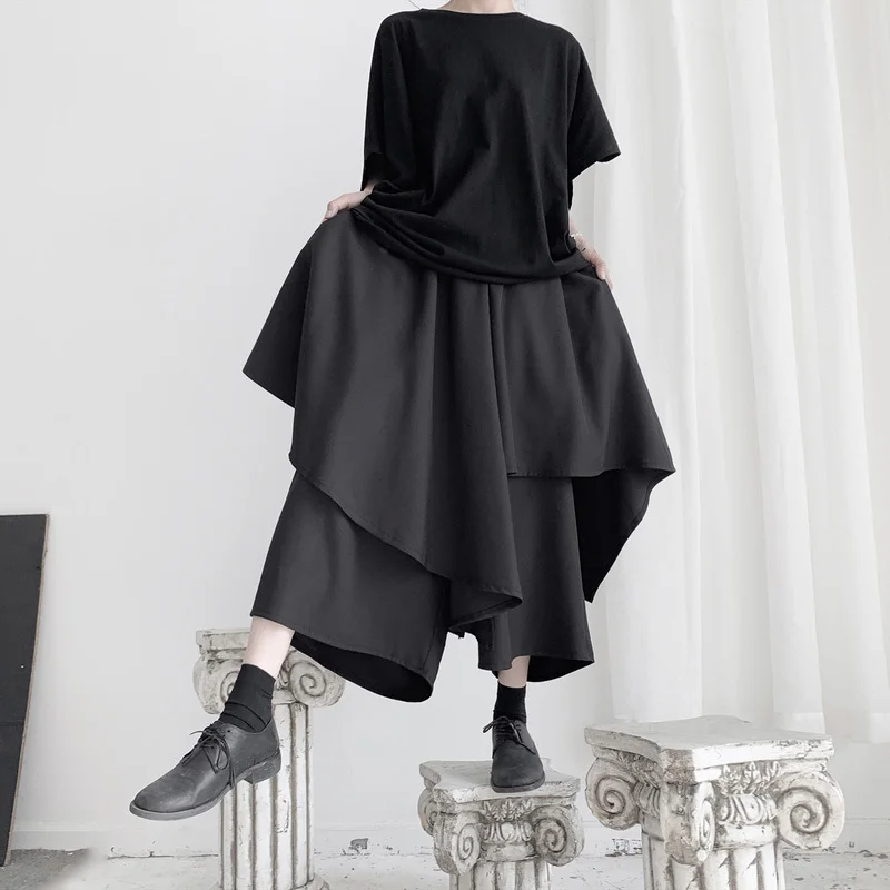 Женские брюки с широкими штанинами [EAM] черные свободные высоким эластичным