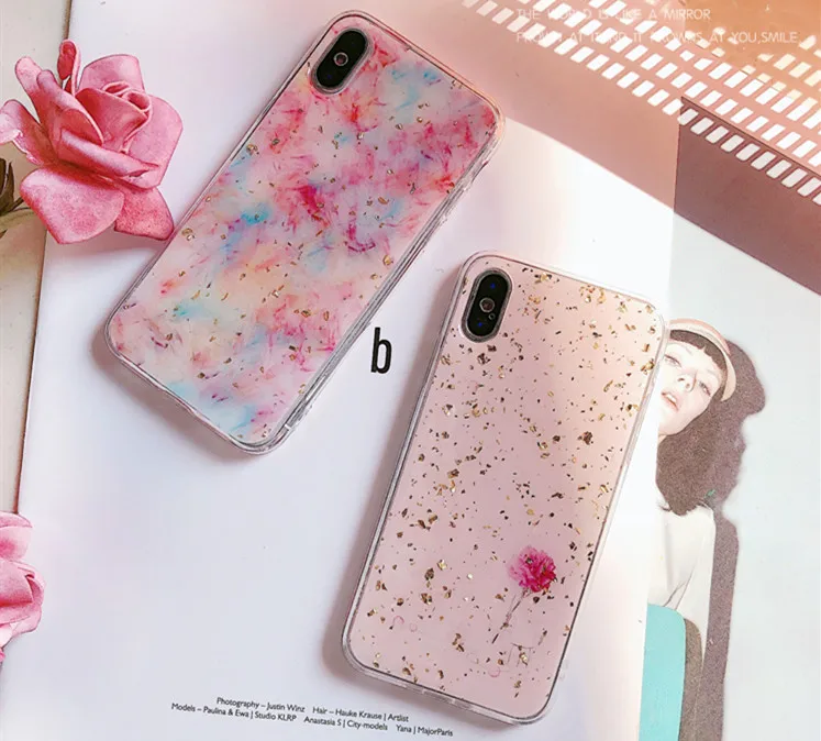 Чехол для iPhone X Xs Max Xr 6s 7 8plus с розовым блестящим цветком Мягкий силиконовый чехол