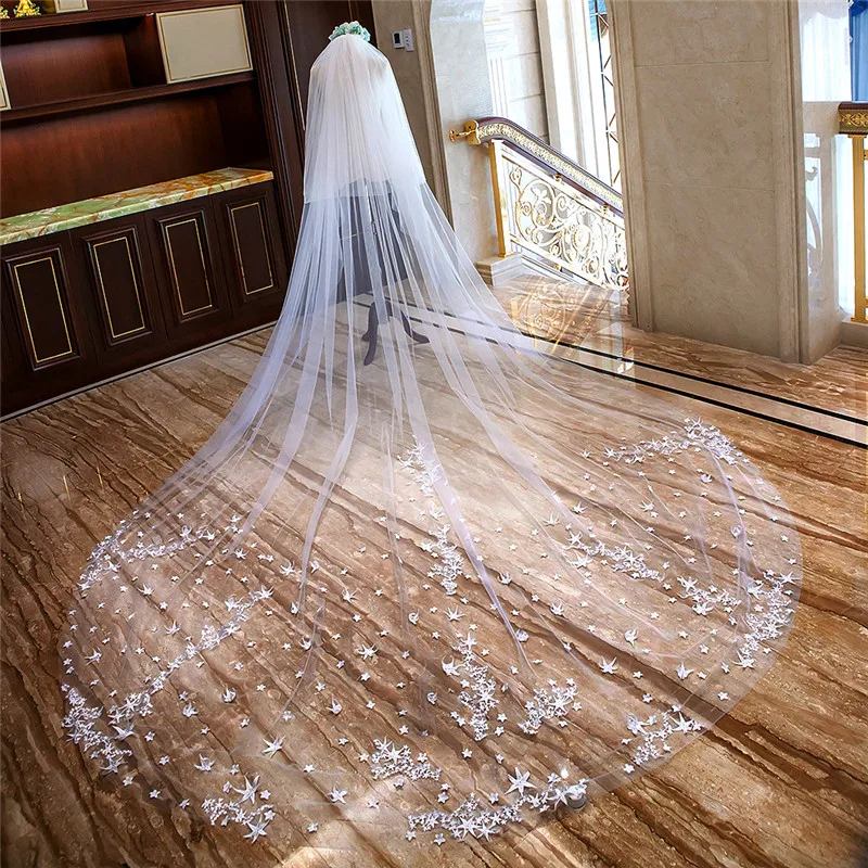 

New Star Lace Appliques Two Layers Beach Long Bridal Wedding Veil 4M Bride's Veil With Comb Cathedral With Face Veil Spring