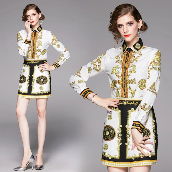 Autumn Fashion Runway Golden Printed Suits Set Women's Long Sleeve Blouse Shirt + Elegant High Waist Mini Skirt Two Pieces | Женская