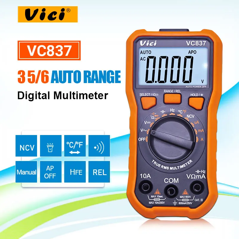 

Цифровой мультиметр VICI VC837 True RMS 3 5/6, автоматический диапазон сопротивления емкости, NCV температурный Fequency диод hFE Тест