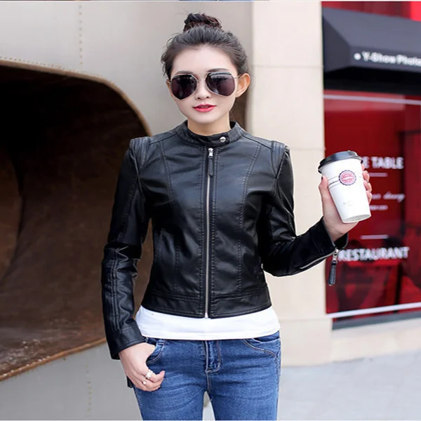 New Korean slim Motorcycle Leather Jacket Women's short slim PU leather spring and autumn Jacket Small Coat enlarge