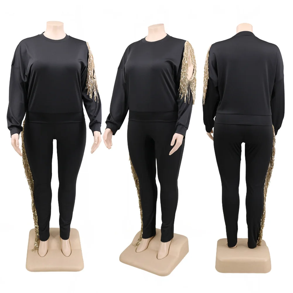 

2020 Autumn Winter Women Plus Size Tassels Two Piece Sets Lady's Casual Hollow Out Sequins O-neck Tees + Sweatpants Outfits