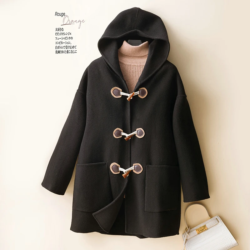 

New horn button hooded double faced cashmere coat women's middle and long small versatile autumn and winter woolen coat