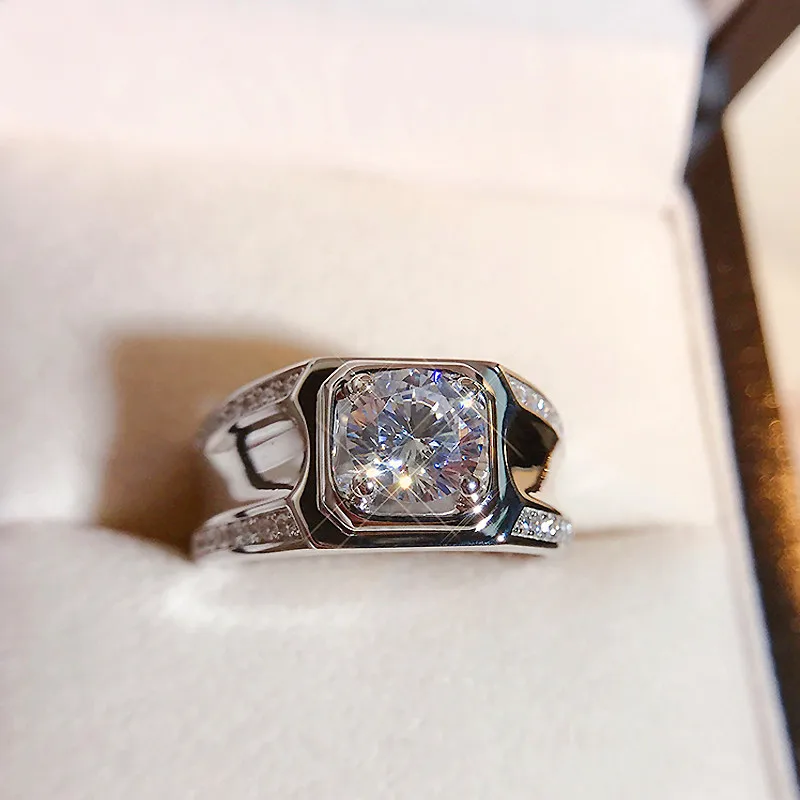 

Luxury Male White Crystal Stone Ring Classic Silver Color Engagement Ring Trendy Round Zircon Wedding Band Rings For Men