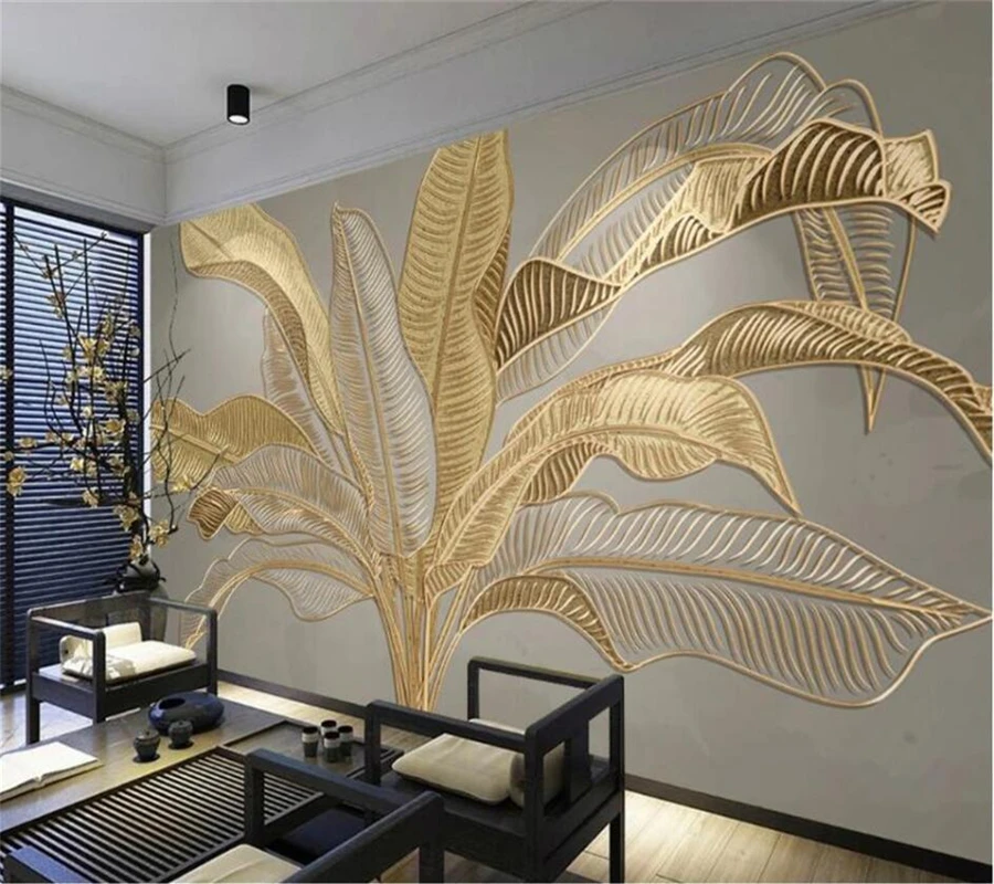 

Wellyu Custom mural 3d atmospheric banana leaf Nordic green plants light luxury golden embossed lines background wall wallpapers