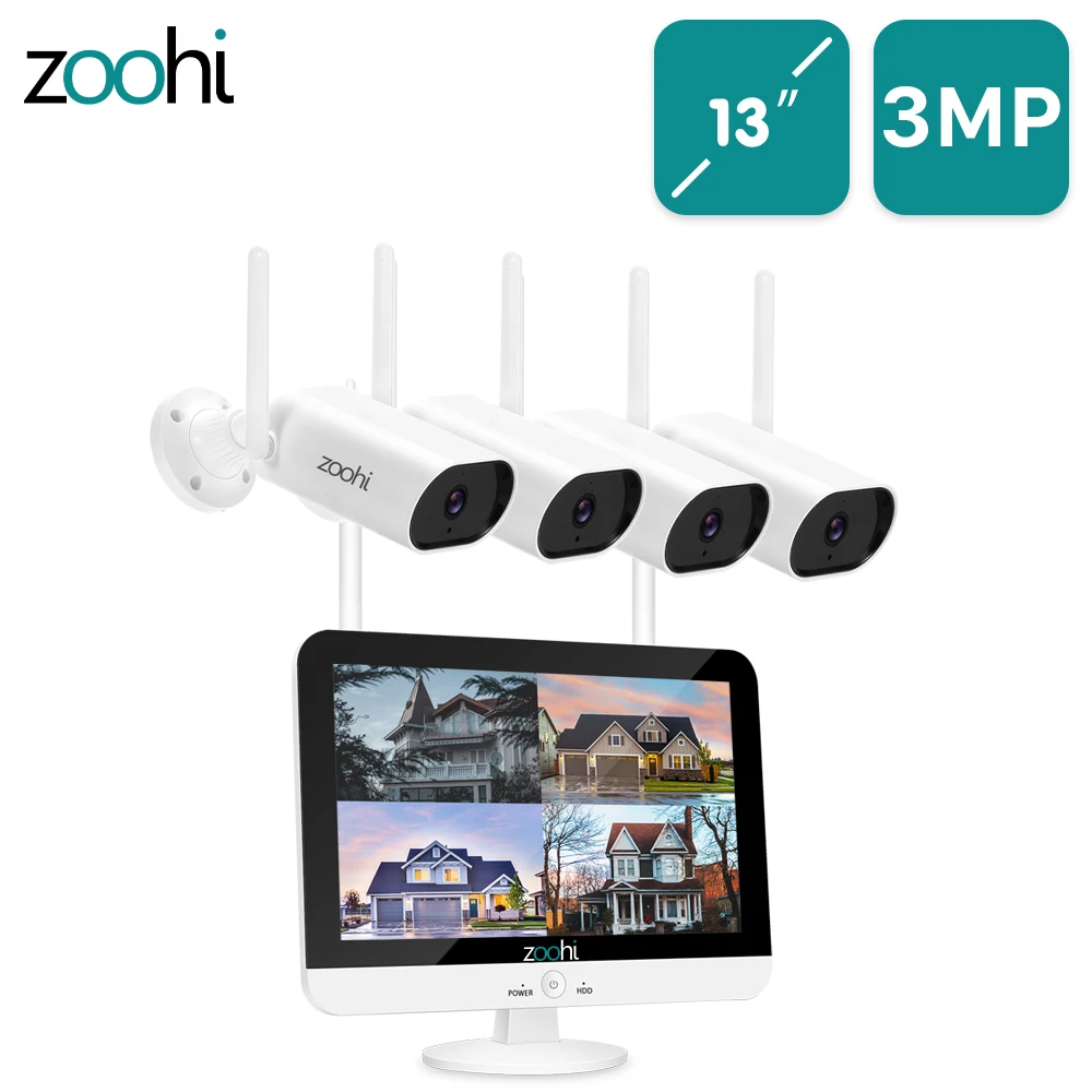 

Система видеонаблюдения Zoohi, 13-дюйм беспроводной монитор NVR, 3 Мп, HD, Wi-Fi, с функцией записи звука, для дома, улицы
