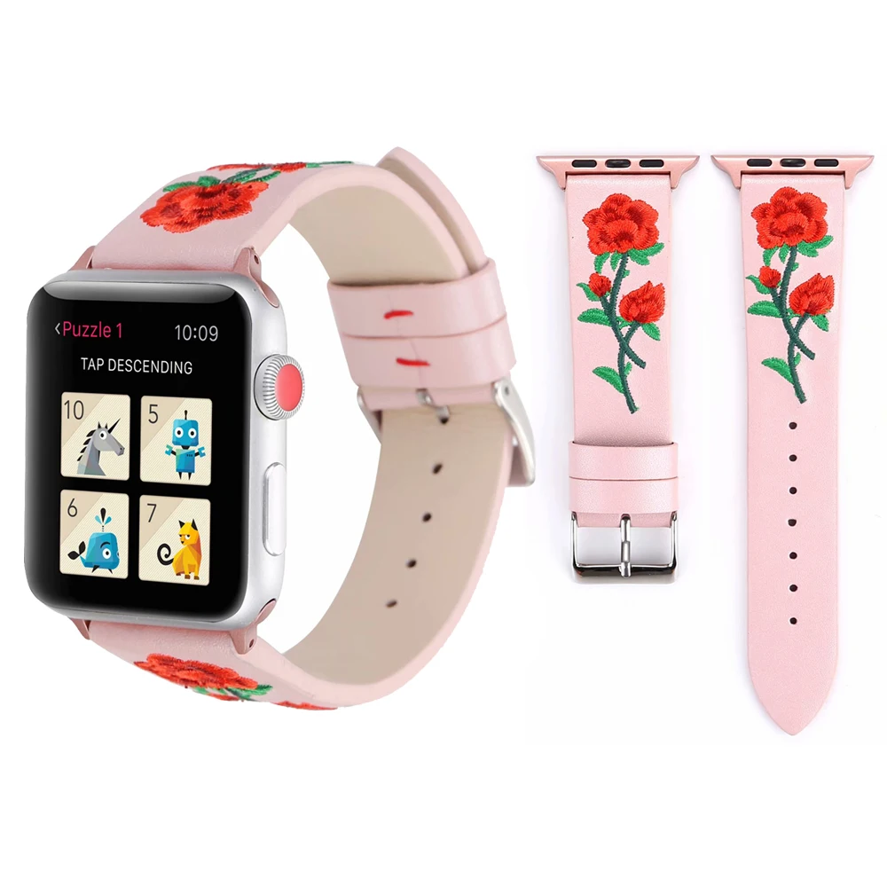 Кожаный ремешок для часов iWatch Series 5 4 3 2 1 3D Браслет с вышивкой розы Apple Watch Band 38 мм 42 40