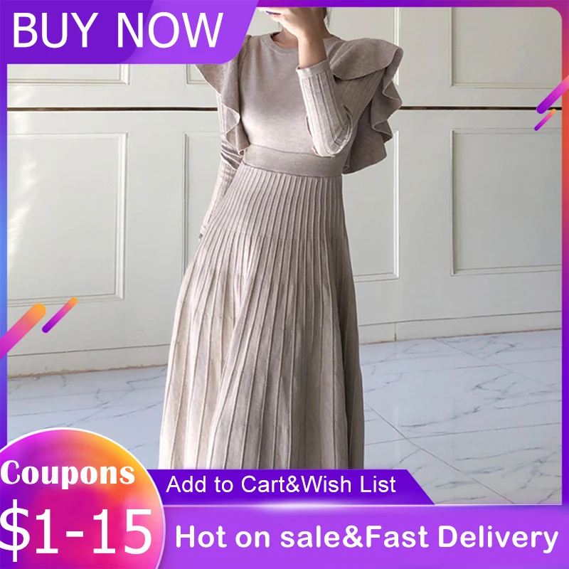 Осеннее Плиссированное трикотажное платье миди с круглым вырезом Kawai оборками и