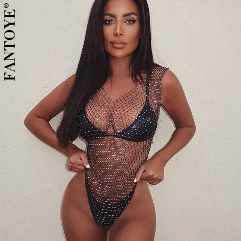 Женское пляжное боди Fantoye черное Открытое без рукавов с бриллиантами новинка 2021