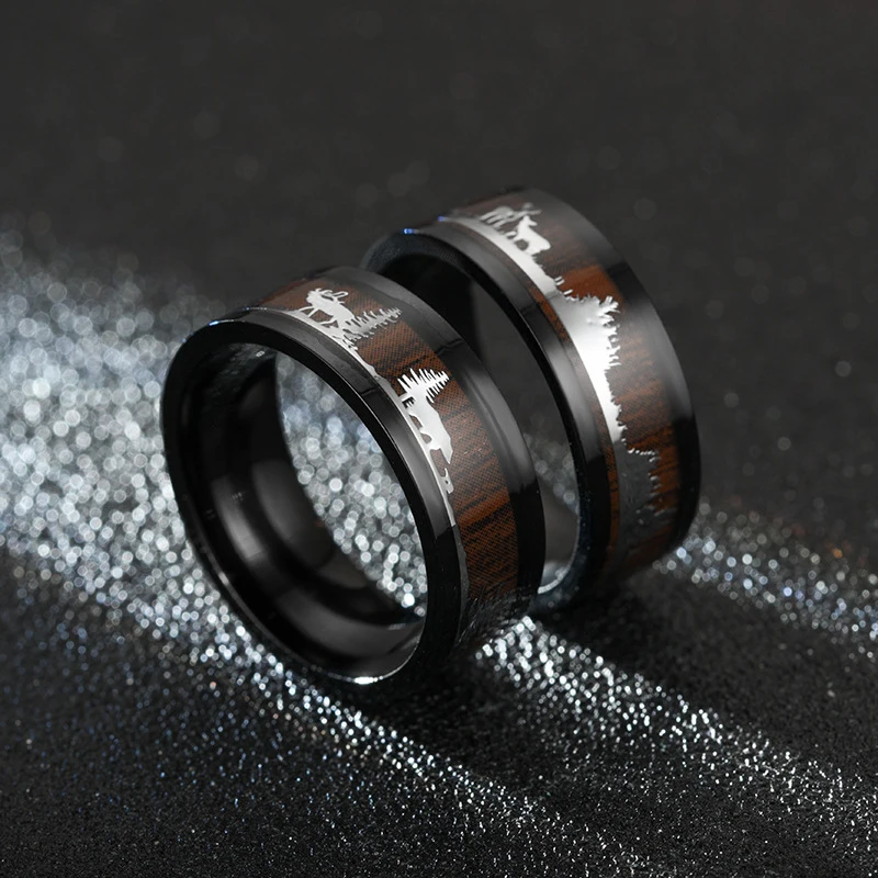 

Fashion Men Black Wood Grain Deer Wedding Rings Vintage Wood Inlay Stainless Steel Rings for Women Mens Jewelry Christmas Gift