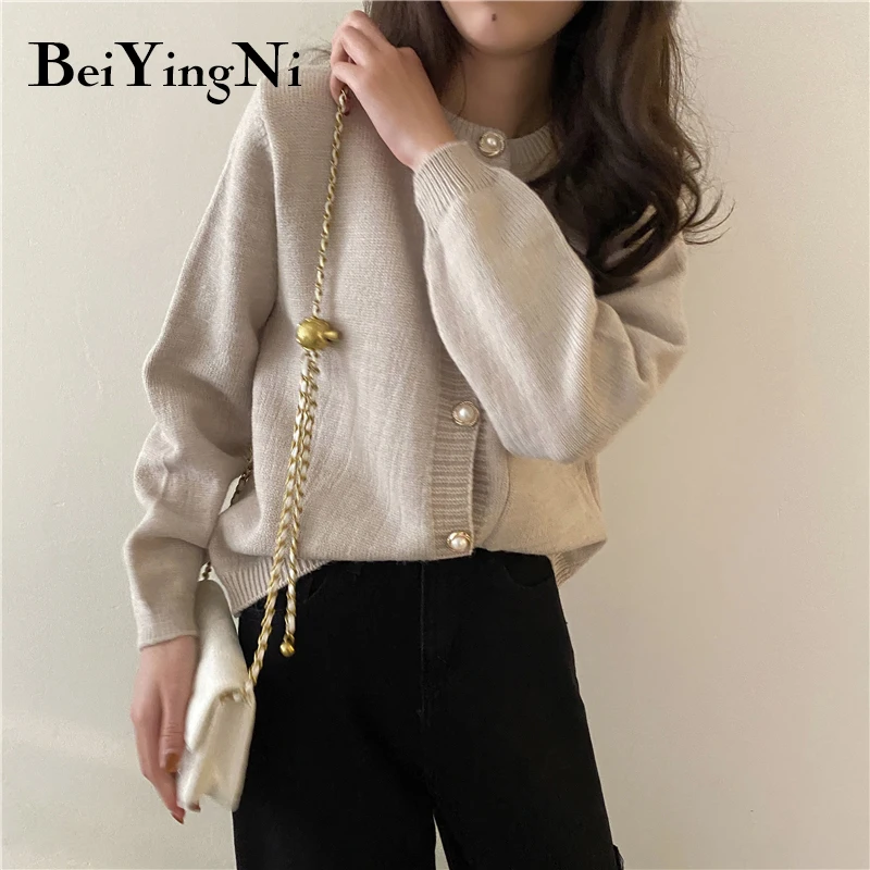 

Beiyingni Korean Women Cardigan Chic Single-breasted Pockets Knitted Sweaters Ladies Solid Harajuku Vintage Tops Femme Clothes