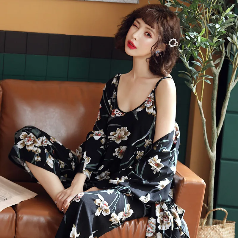 

Women Pajamas Set Sling Floral Print Pajamas 3 Peices Sleepwear for Women cosy Long Sleeves Breathable Sexy Robe Top+ Long Pant