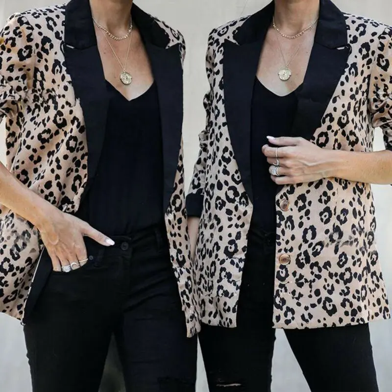 Блейзер женский с длинным рукавом Леопардовый принт длинный Повседневный пиджак