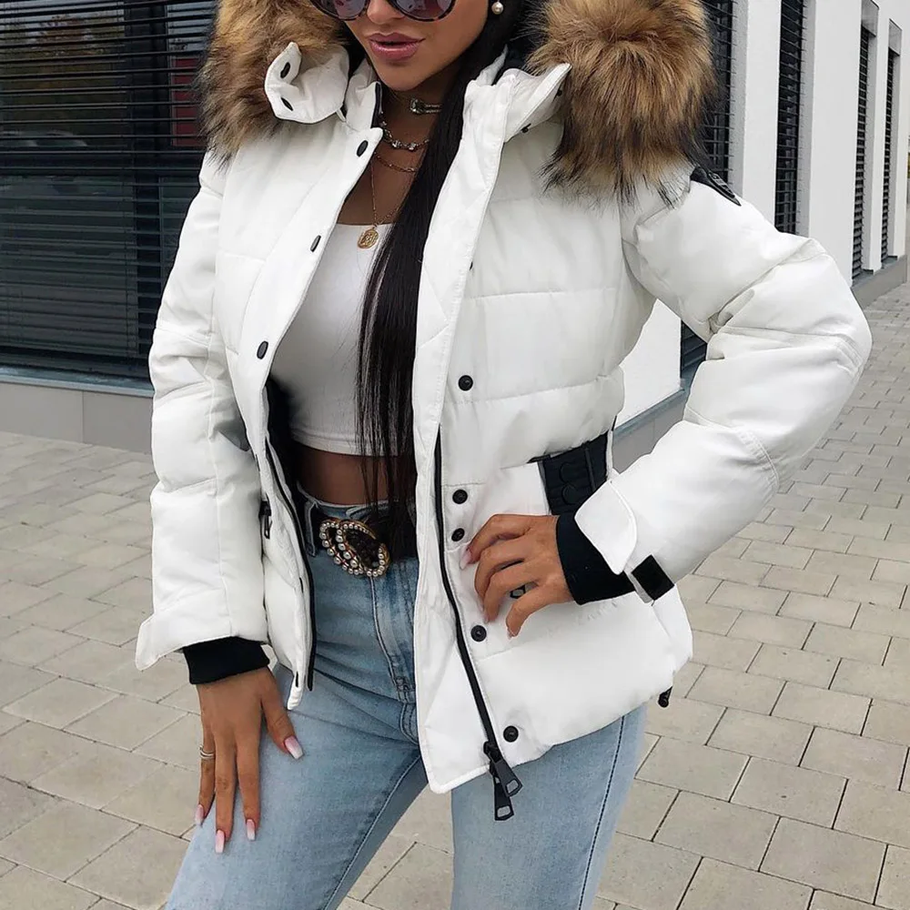 

Женская зимняя белая куртка, толстая куртка с капюшоном из искусственного меха и меховым воротником, модное повседневное длинное пальто, же...