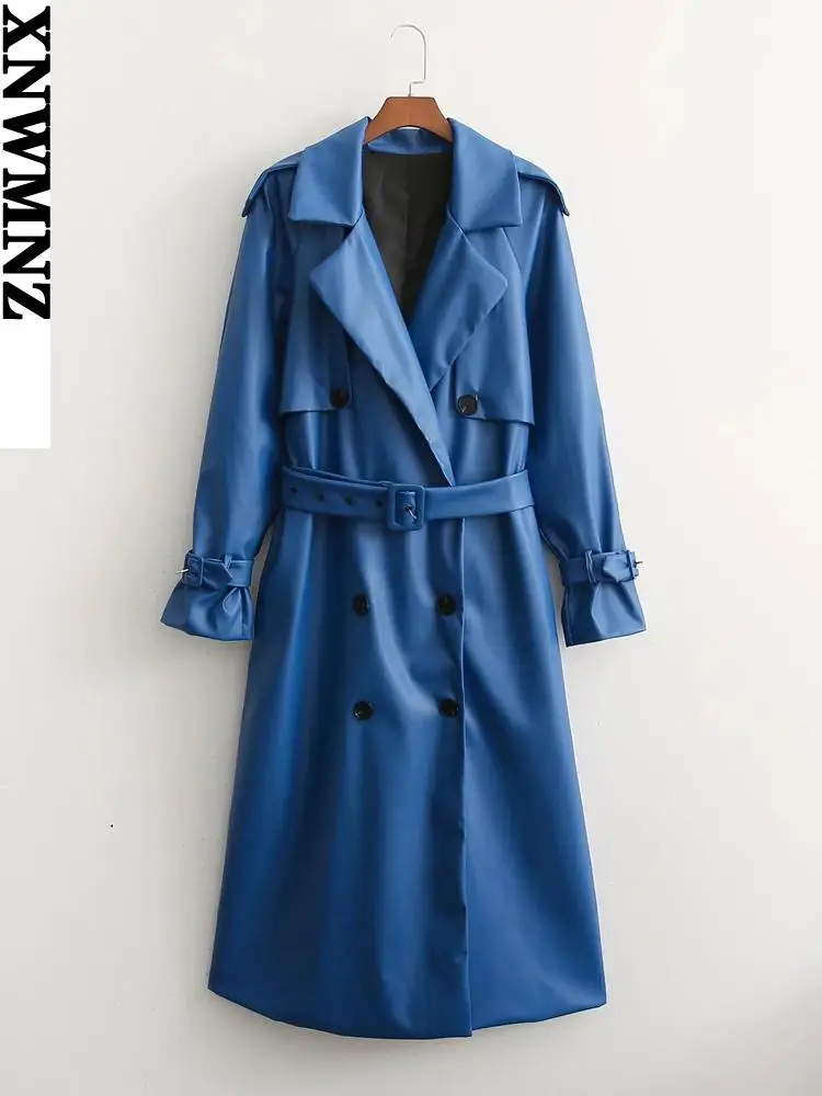 

XNWMNZ весна осень искусственная кожа длинный женский тренчкот двубортное синее платье свободные пальто Дамская верхняя одежда модные топы ...