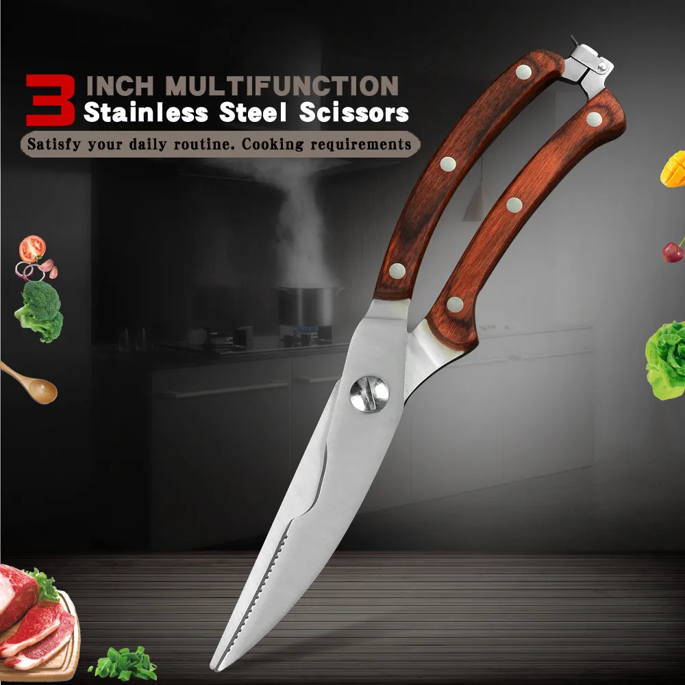 Кухонные ножницы из нержавеющей стали прочные для курицы 3Cr1 4 цвета деревянная