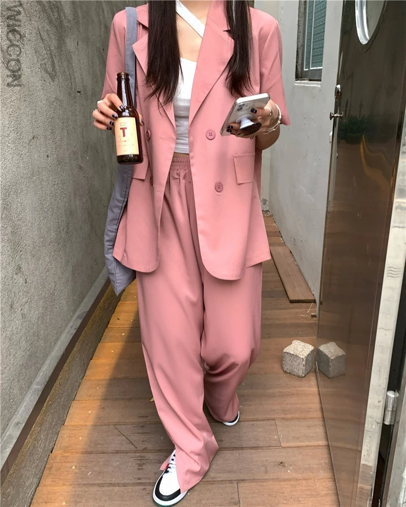 

Work Pant Suits OL 2 Piece Set for Women Spring Summer Short Sleeve Blazer and Wide Leg Pants Sets Office Lady Outfits