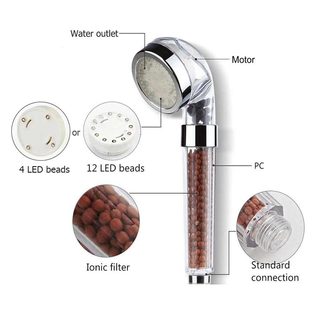 

3 Color Changing LED Anion Spa Shower Head Temperature Control Bathroom High Pressure Water Saving Hand Shower He