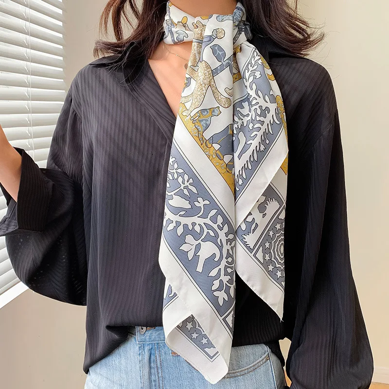 

Luxury Women Silk Scarf Printed Foulard Female Square Scarves Spring Summer Shawls for Ladies 90cm Bandana Kerchief Hijab 2021