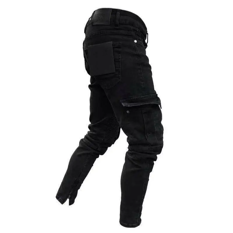 Men's Jeans Hip-hop Black Motorcycle Skinny Side Pocket Stretch Jeans Men's Casual Waistline Jogging Pencil Pants 2021New