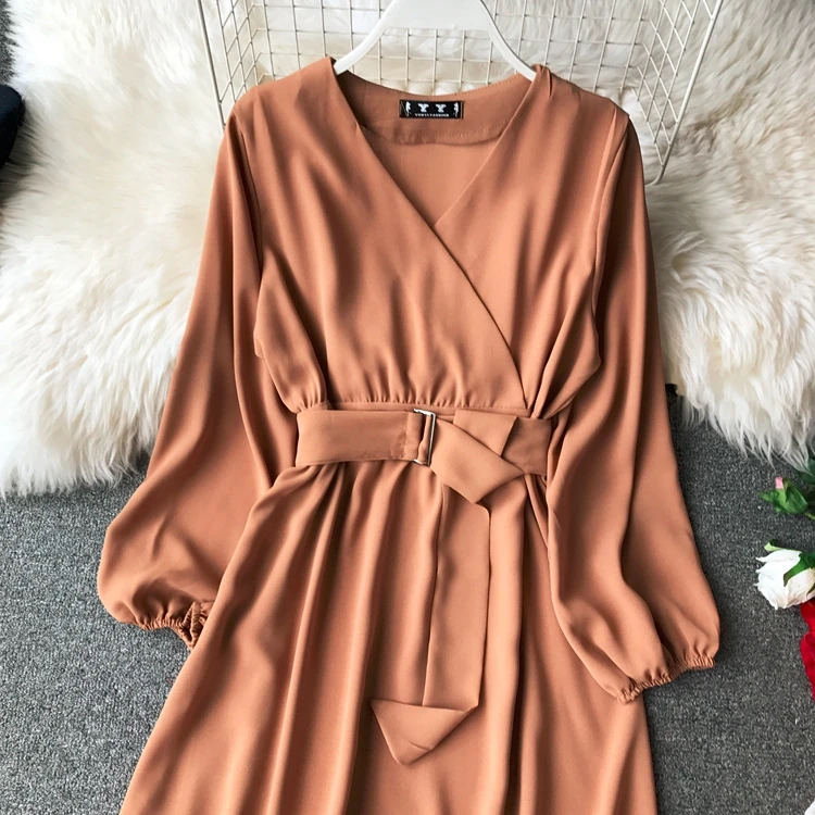 ALPHALMODA осеннее офисное женское платье с длинными рукавами и поясом, новое повседневное шифоновое платье с высокой талией и v-образным вырезом, однотонное женское платье до середины икры